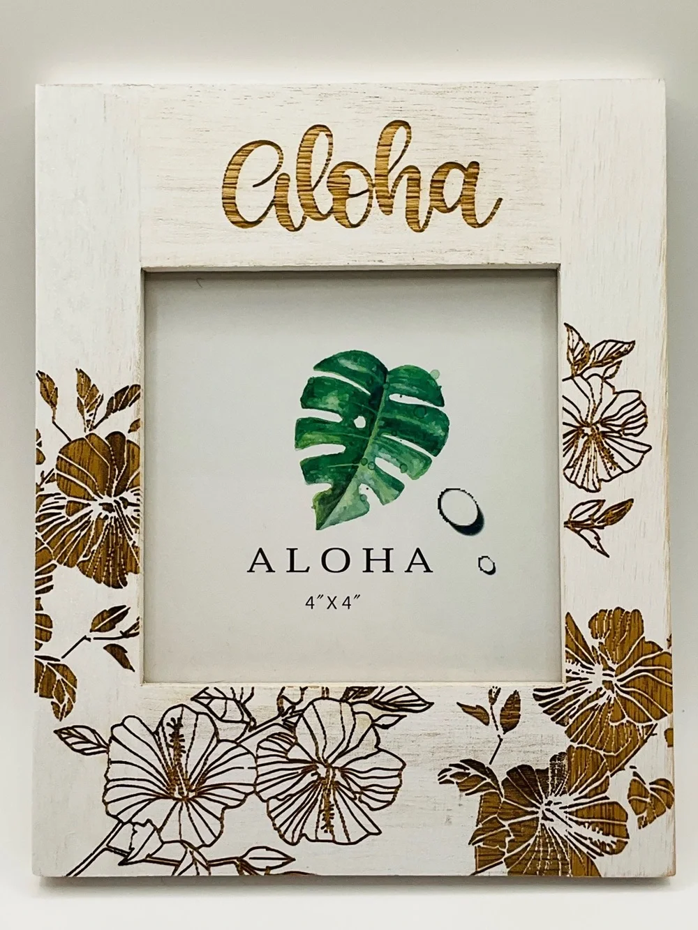 NEW Aloha Hawaiian Tropical White Floral Hibiscus Etched Wood Picture Frame